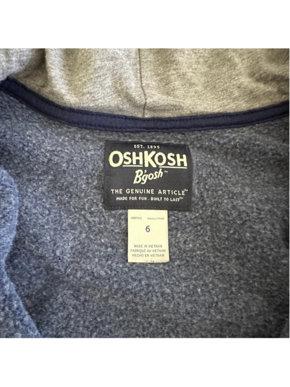 OshKosh B’gosh Boys Zip Hoodie Size 6 Blue Gray Logo Sweatshirt